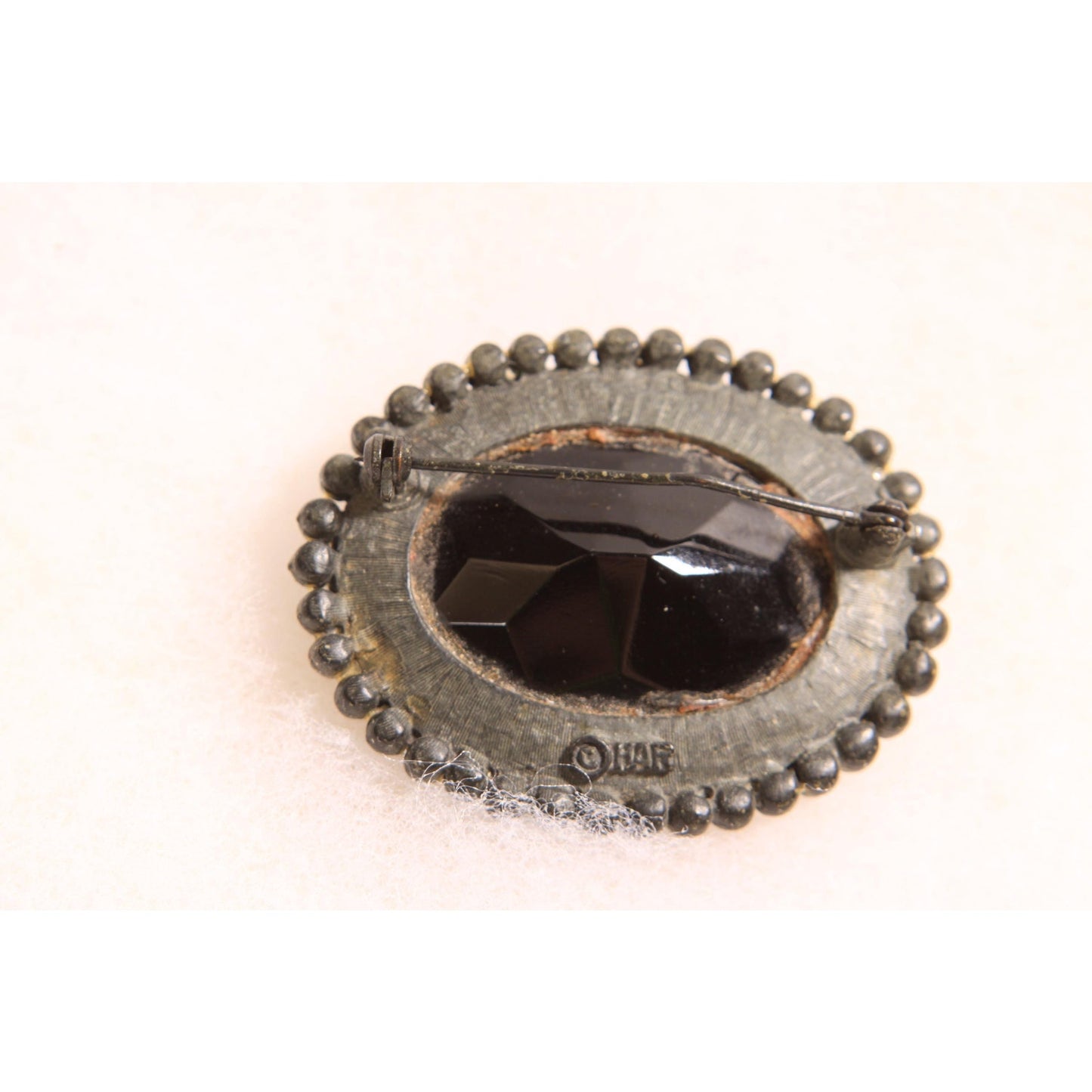 1960s Black Glass Faceted Cabochan Oval Brooch by HAR