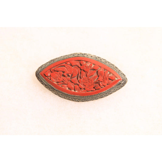 1930s Silver Tone Metal and Red Cinnabar Flower Brooch
