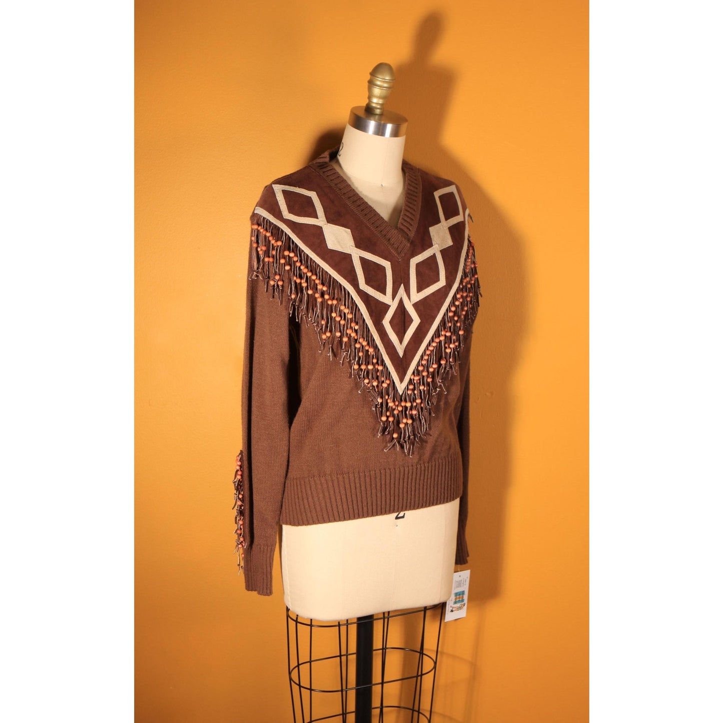 1970s Brown Suede Leather Fringe Beaded Pullover Sweater by Miller Miller Miller -L