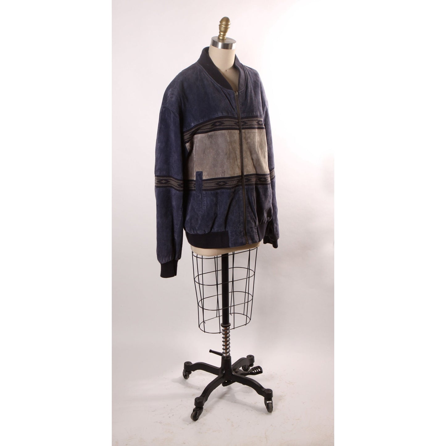 1980s Navy Blue and Gray Suede Leather Western Long Sleeve Zip Up Front Coat by Scully -L