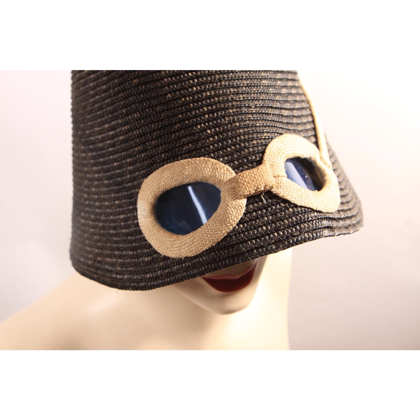 1950s Navy Blue and Cream Blue Lens Novelty Sunglasses Straw Bucket Sun Hat