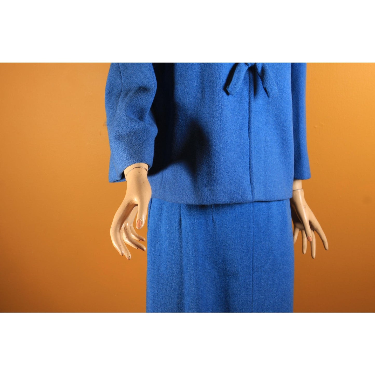 Early 1960s Blue Bracelet Sleeve Fox Fur Collar Jacket with Matching Pencil Skirt Suit Two Piece Outfit by Lilli Ann -1XL