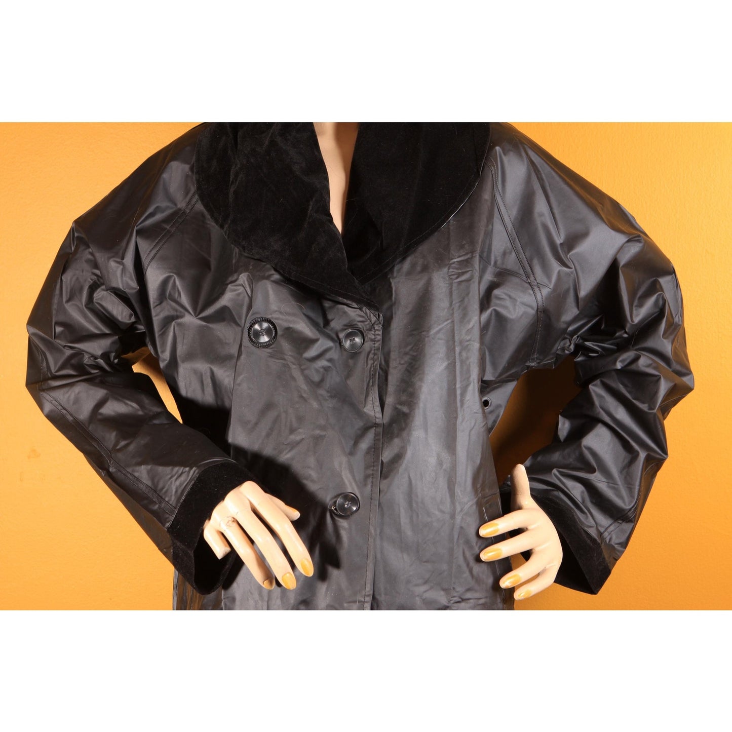 1980s Black Vinyl Velvet Trim Button Down Raincoat -XL