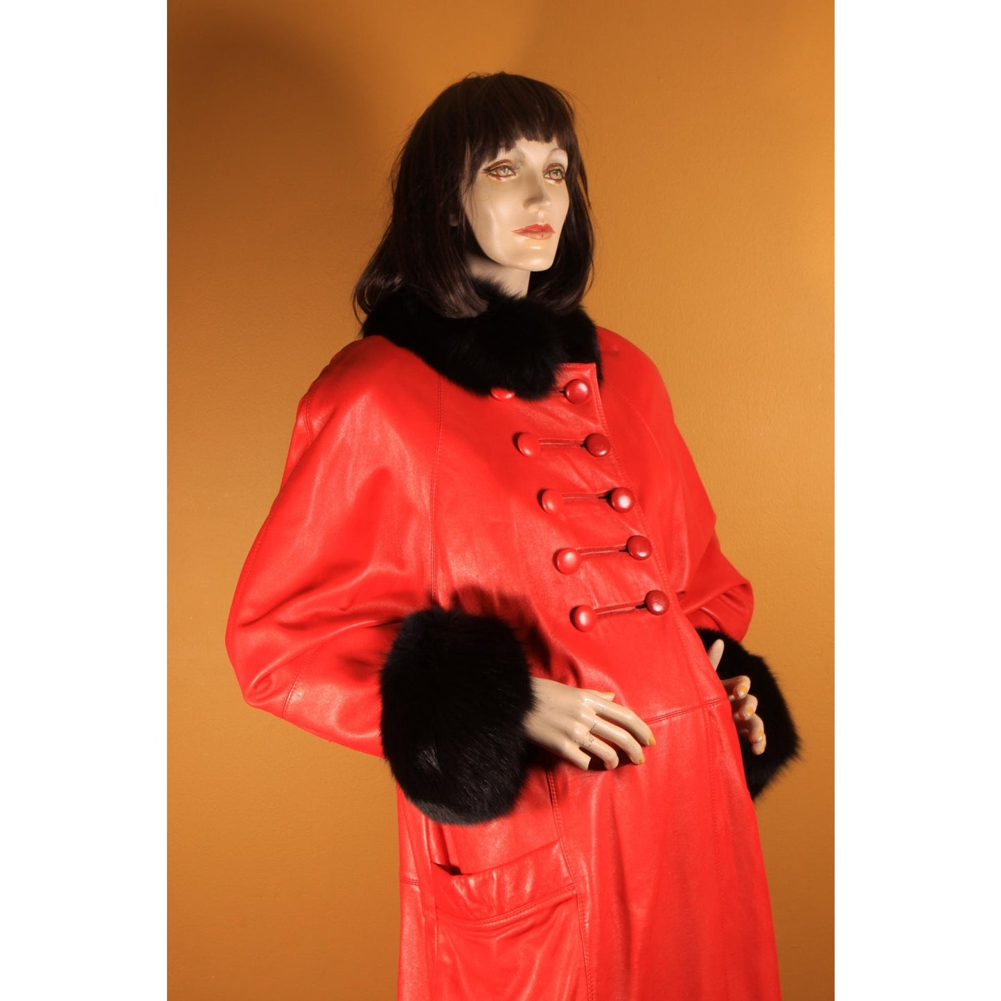 1980s Red Leather and Black Fox Fur Trim Long Sleeve Coat by McDaniel's -XL