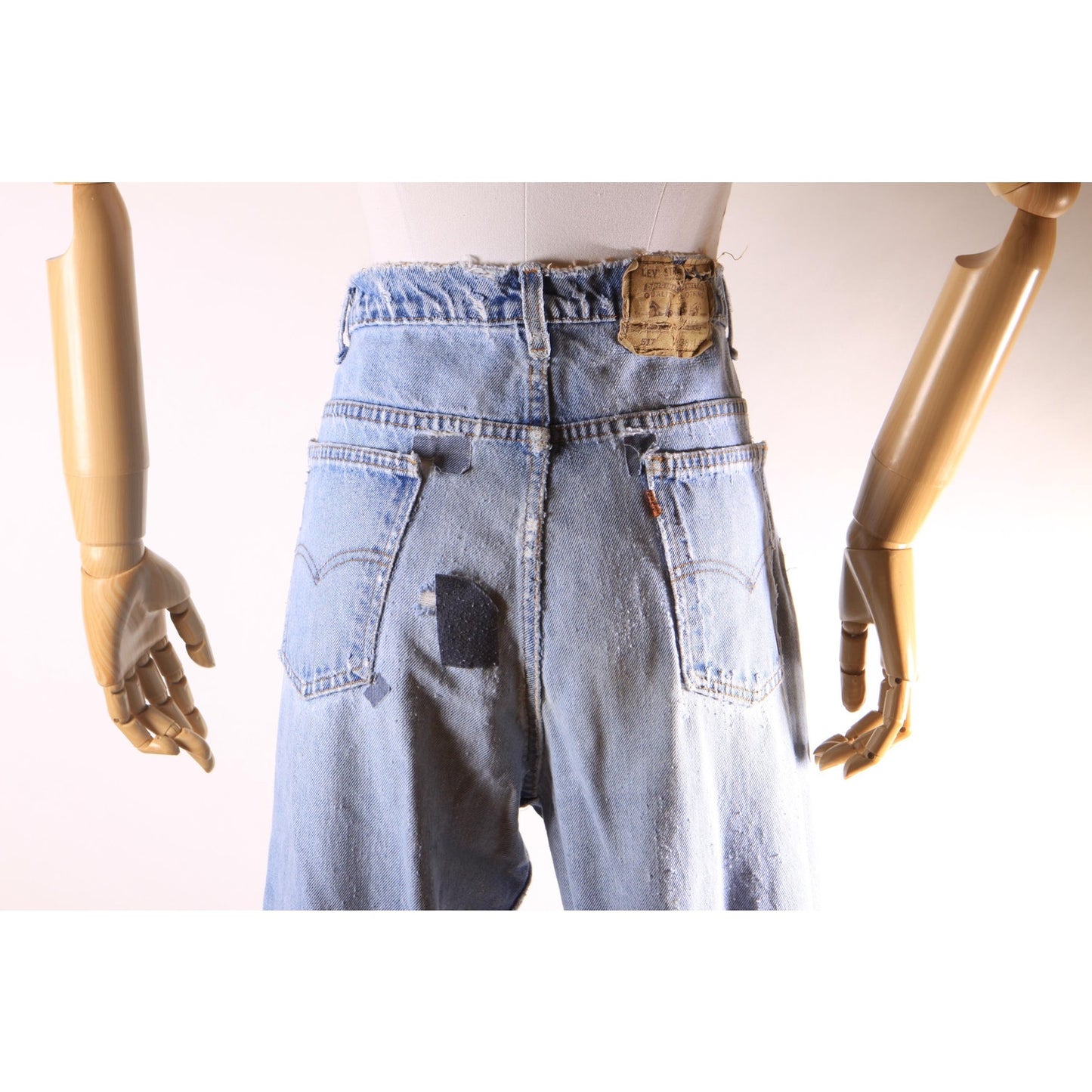 1980s Distressed Patch Fraying Blue Denim Orange Tab 517 Jeans by Levi's -38x30