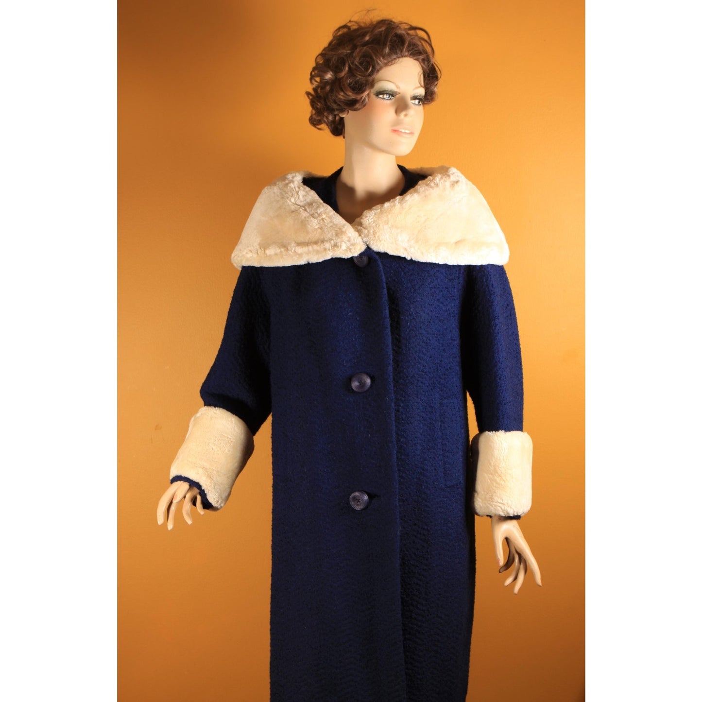 1950s Blue Long Sleeve Cream Sheared Chinchilla Fur Cuff and Collar Coat by Adler's and Jeshiva -XL