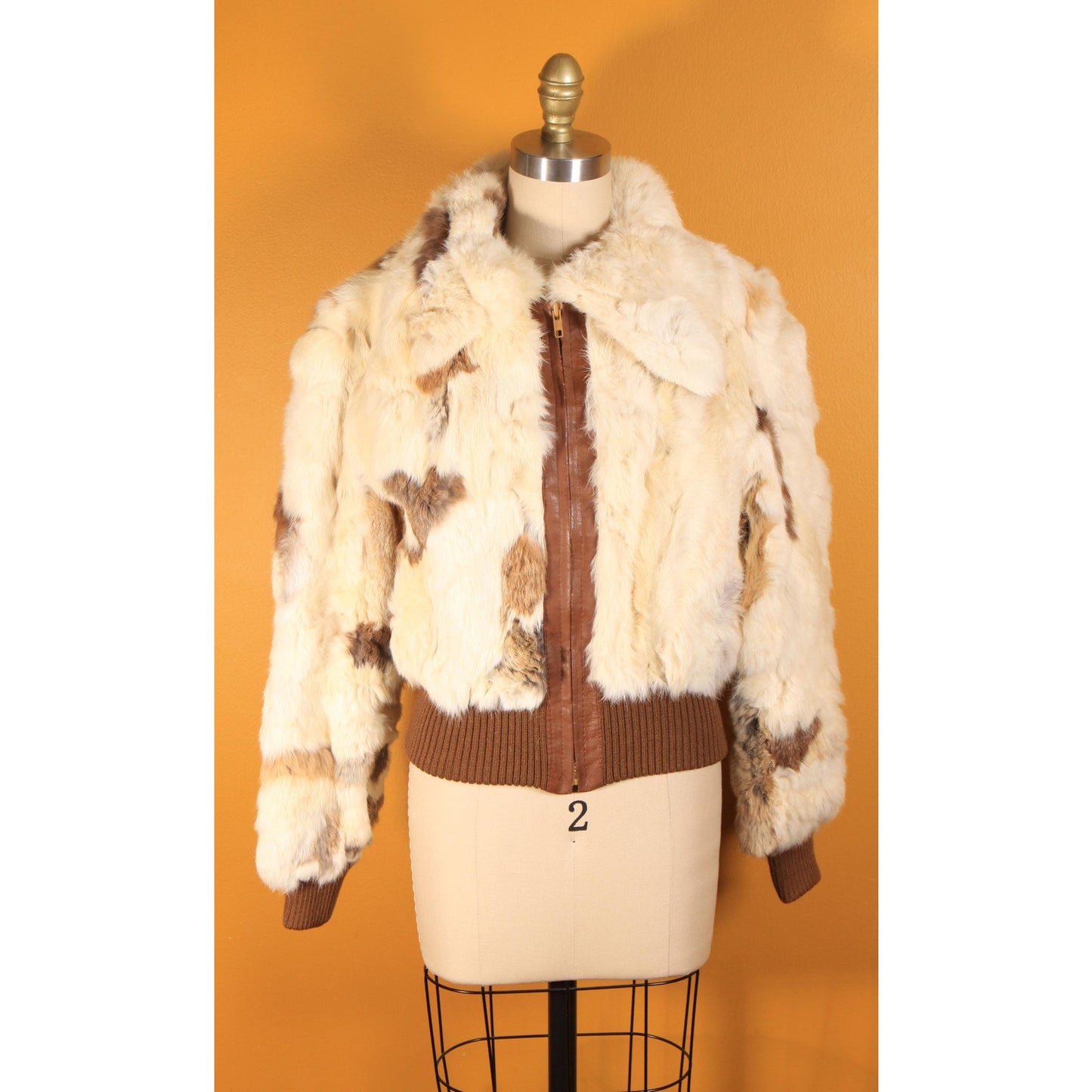 1970s White, Cream, Gray and Brown Multi-Colored Patchwork Rabbit Fur Cropped Coat -S