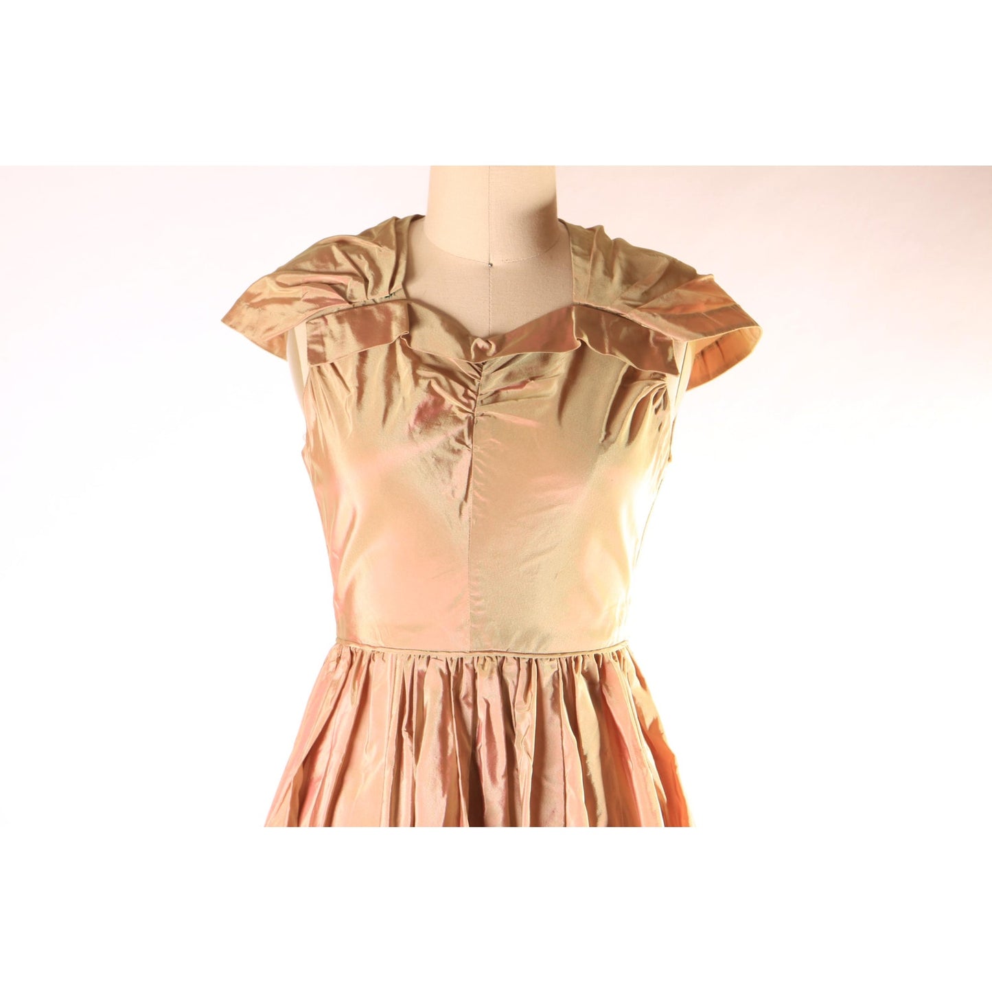 1940s Bronze Brown and Green Sharkskin Acetate Sleeveless Attached Wrap Full Length Formal Prom Dress -XS