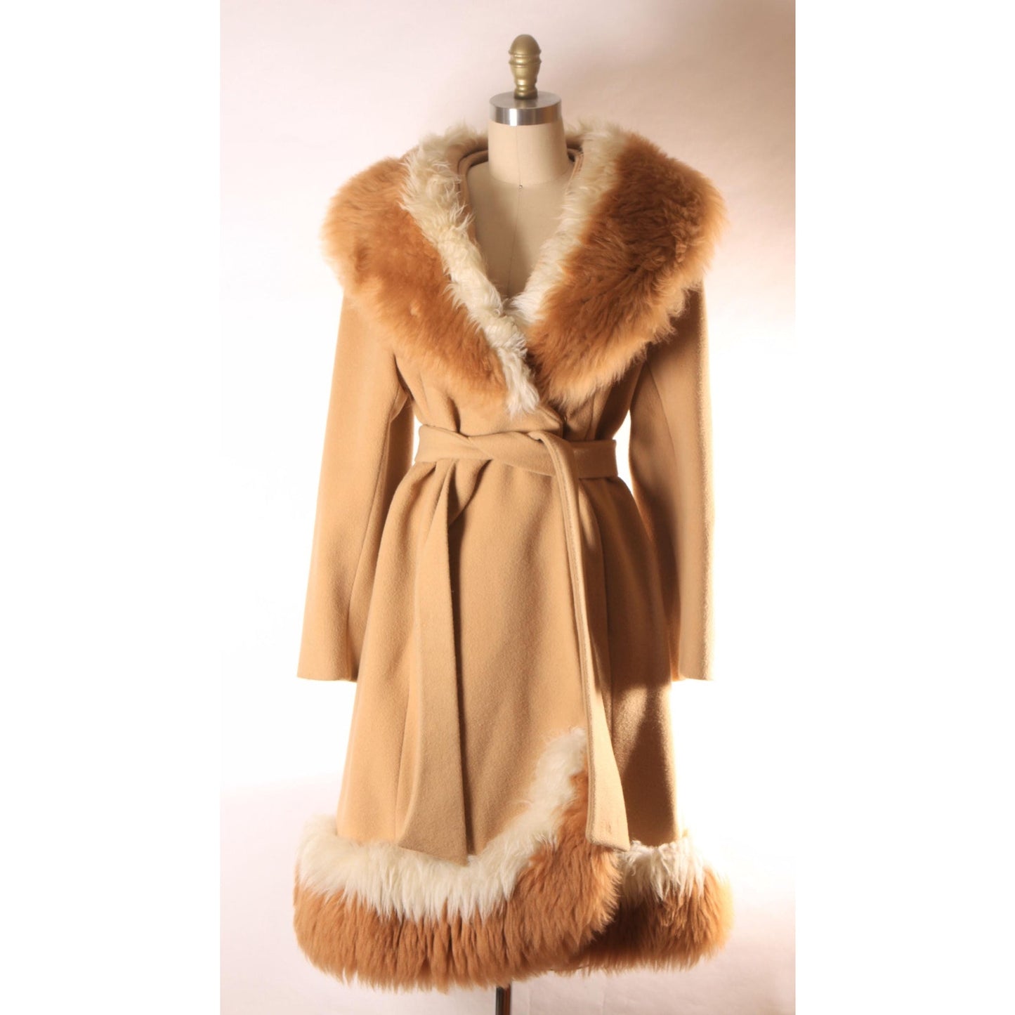 Early 1960s Brown and Cream Shearling Fur Trim Collar and Hem Wrap Princess Coat by Youthcraft
