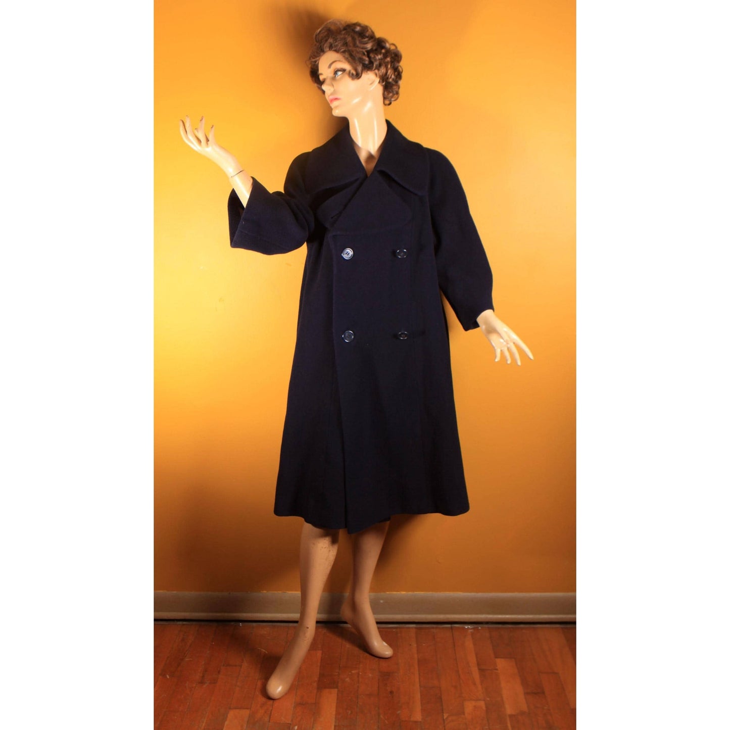 1950s Navy Blue Long Sleeve Button Up Pea Coat by Traina-Norell -XL