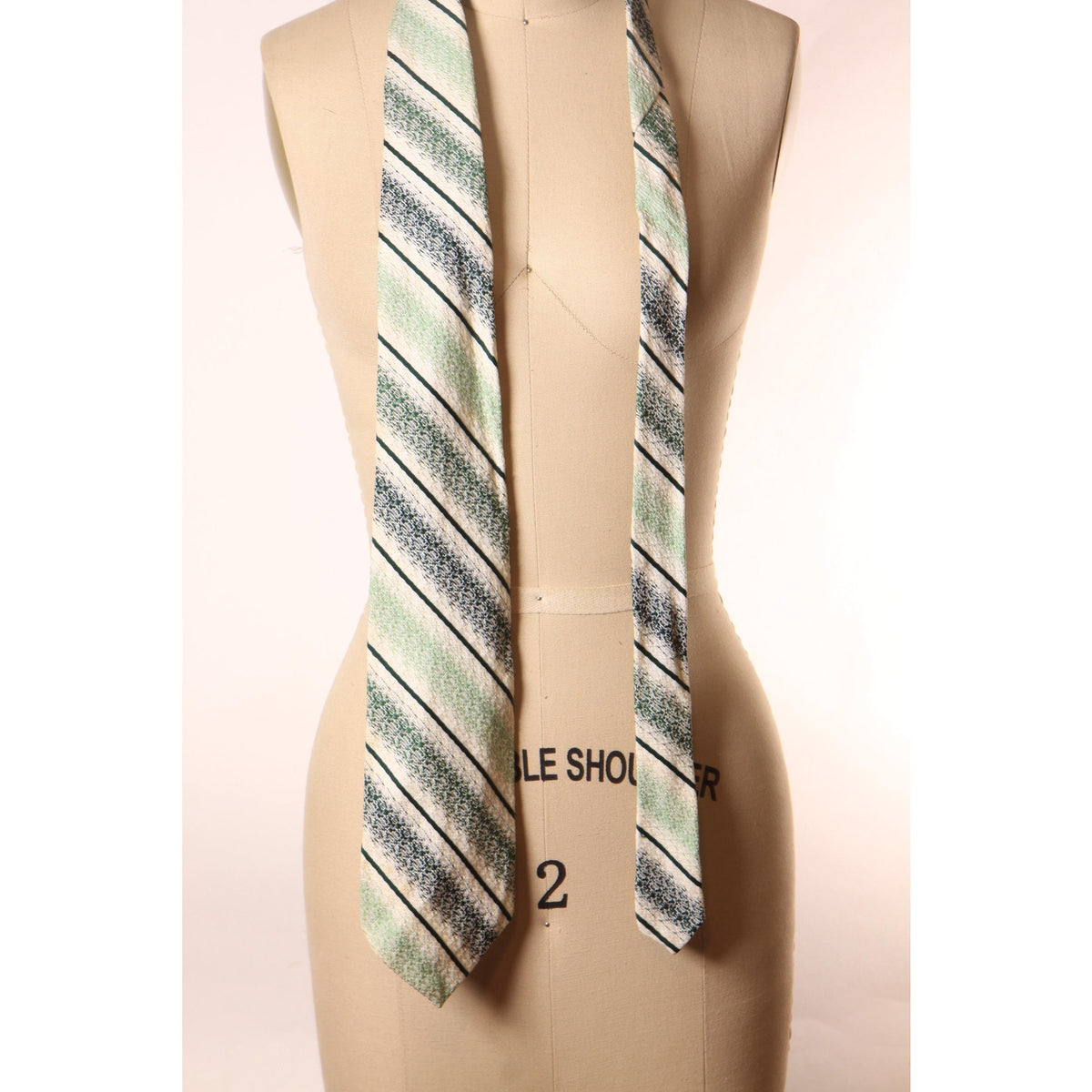 1970s Light Green and Dark Green and White Striped Wide Necktie Tie by Qiana by Regal