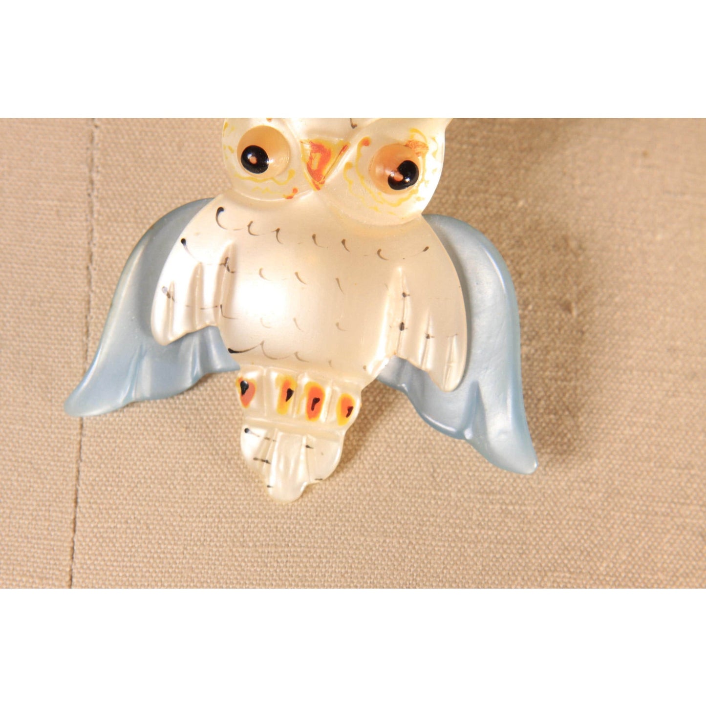 1940s Novelty Cream, Blue and Orange Novelty Owl Celluloid Plastic Brooch