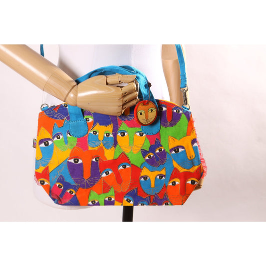 Deadstock 1980s Novelty Rainbow Multi-Colored Cat Print Top Handle Crossbody Shoulder Strap Purse by Laurel Burch