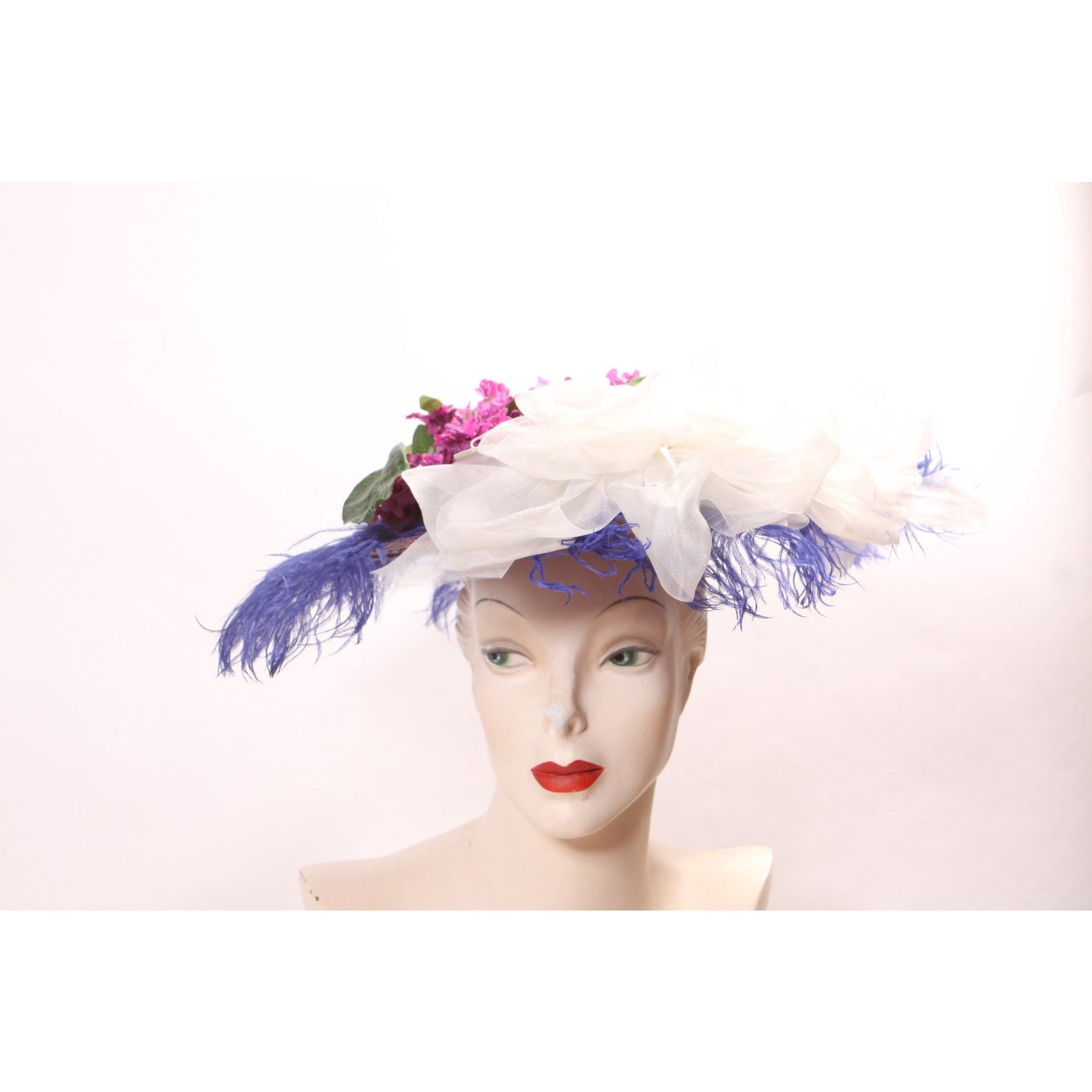 1980s Does Edwardian Victorian Style Wide Brim Purple Straw Hat with Blue Feather and Faux Flowers Floral Hat