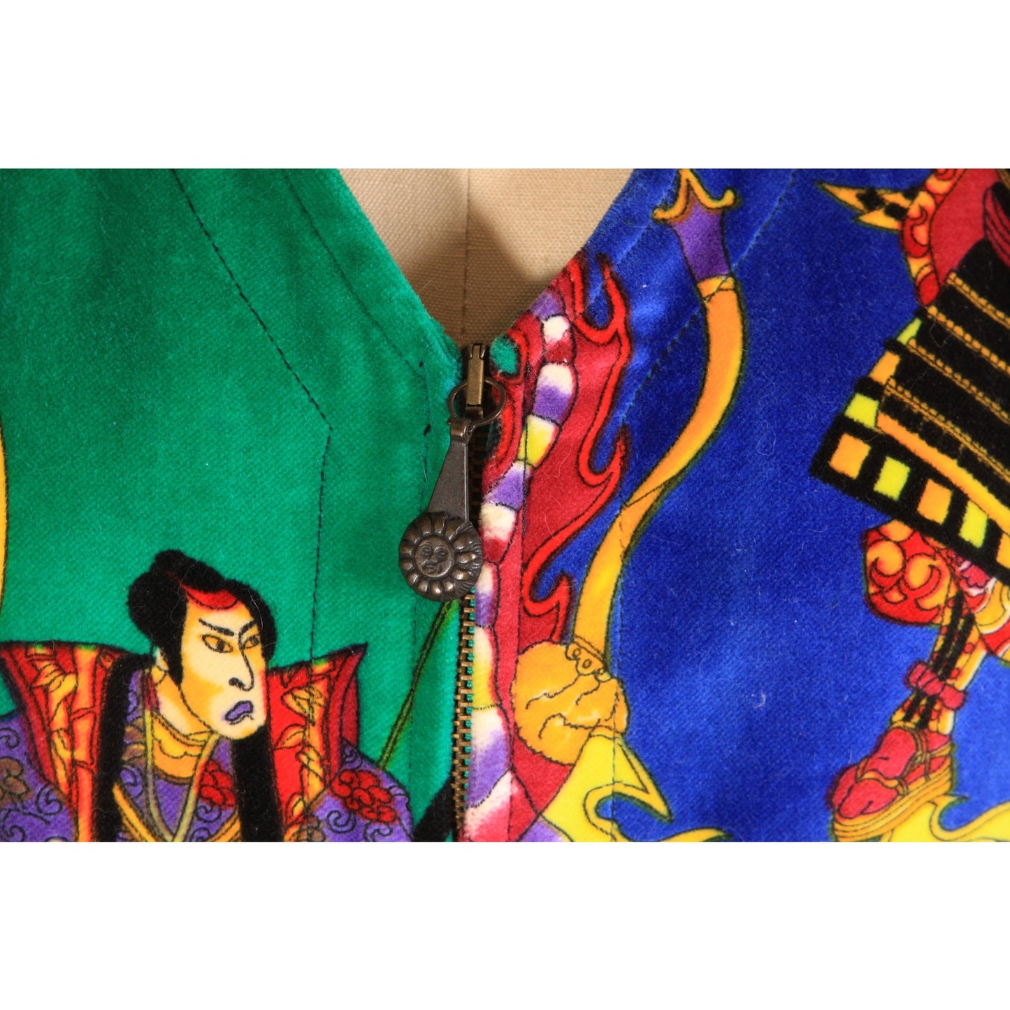 1990s Green and Multi-Colored Novelty Velvet Japanese Samurai Zip Up Vest by Versace Sport -XL-2XL
