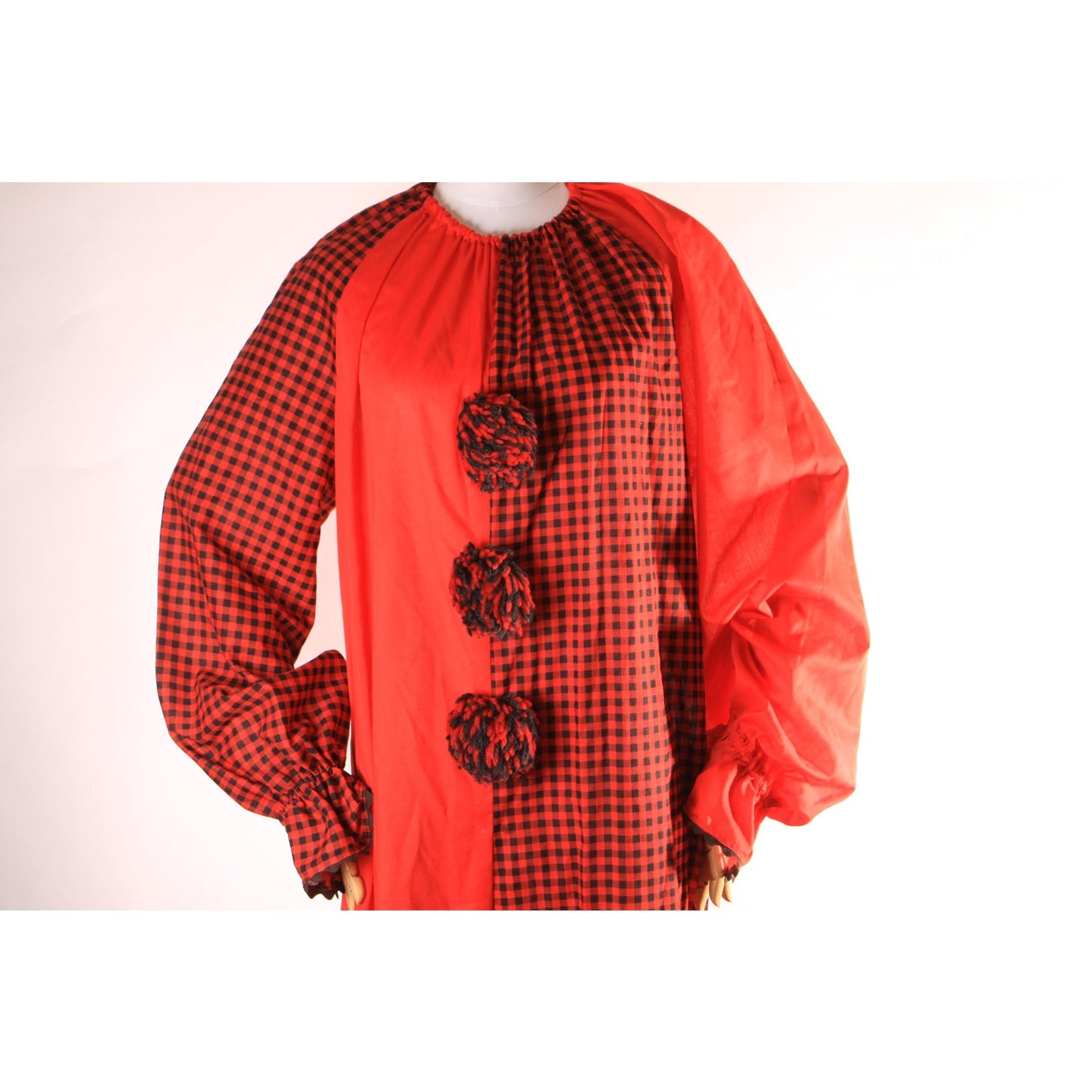 1970s Red and Black Plaid One Piece Pom Pom Halloween Clown Costume