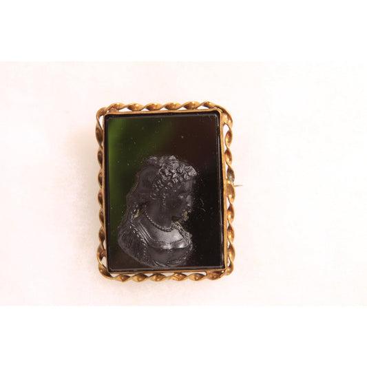 Antique Victorian 1800s Black Glass Cameo Square Gold Tone Metal Cameo Brooch