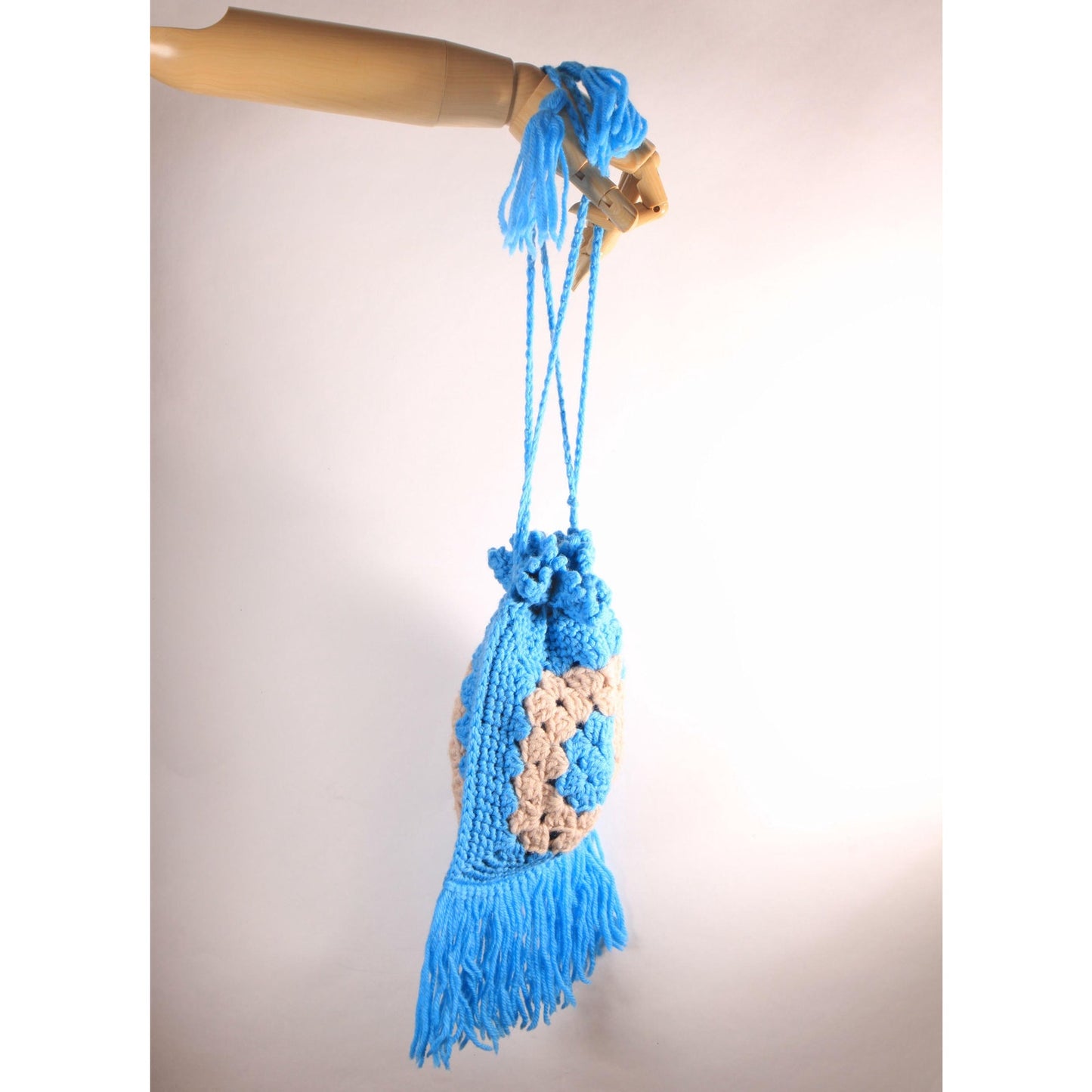 1970s Turquoise Blue and Tan Crochet Granny Square Fringe Drawstring Purse Bag