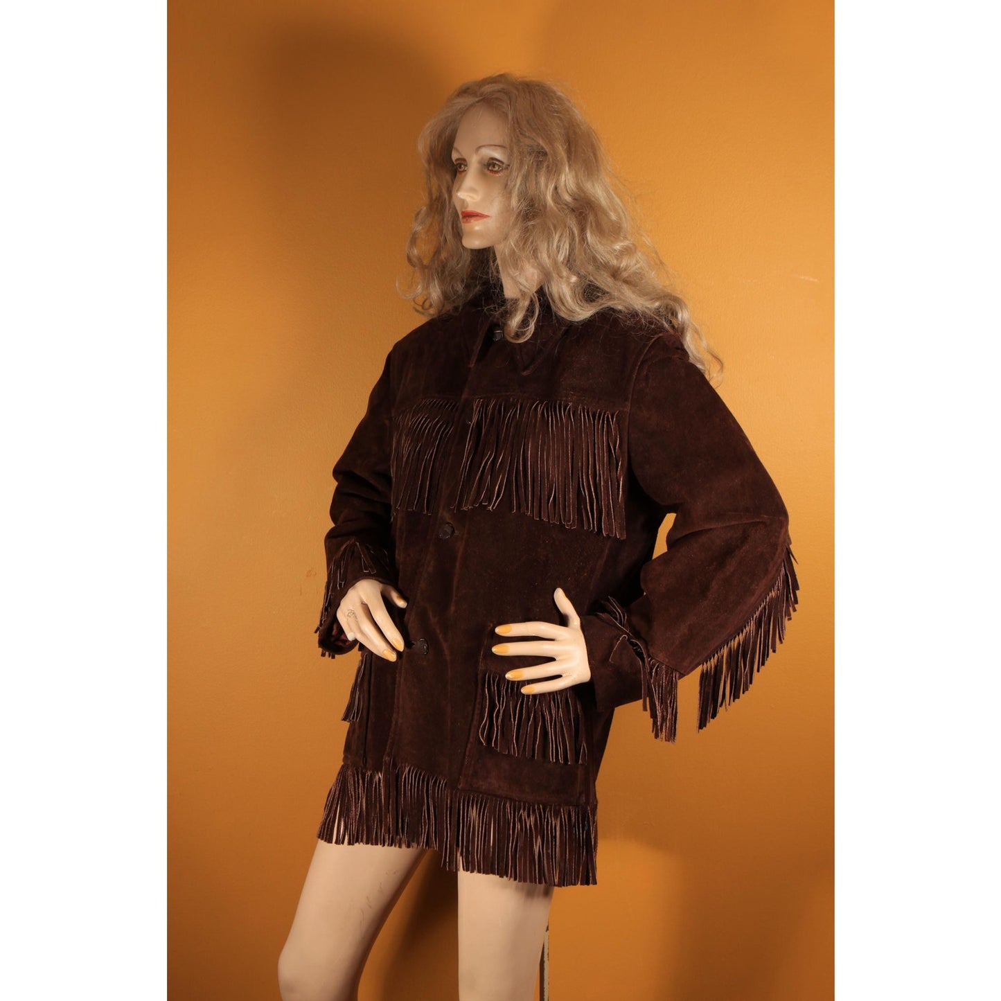 1970s Dark Brown Long Sleeve Fringe Western Suede Leather Mens Coat by Rice Sports Wear -M-L