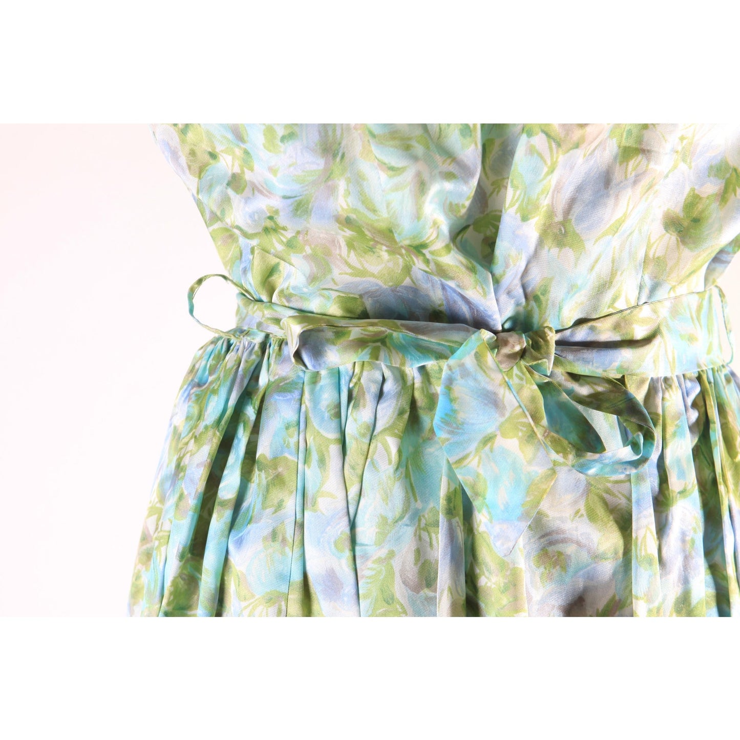1950s Blue and Green Floral Sleeveless Belted Flared Dress