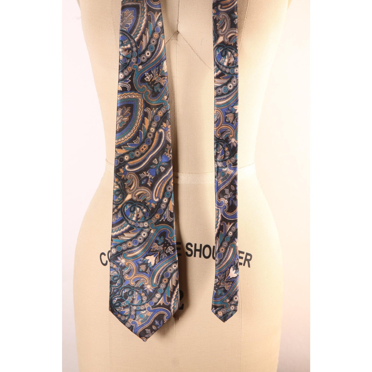 1980s Blue and Tan Paisley Print Necktie Tie by Manhattan
