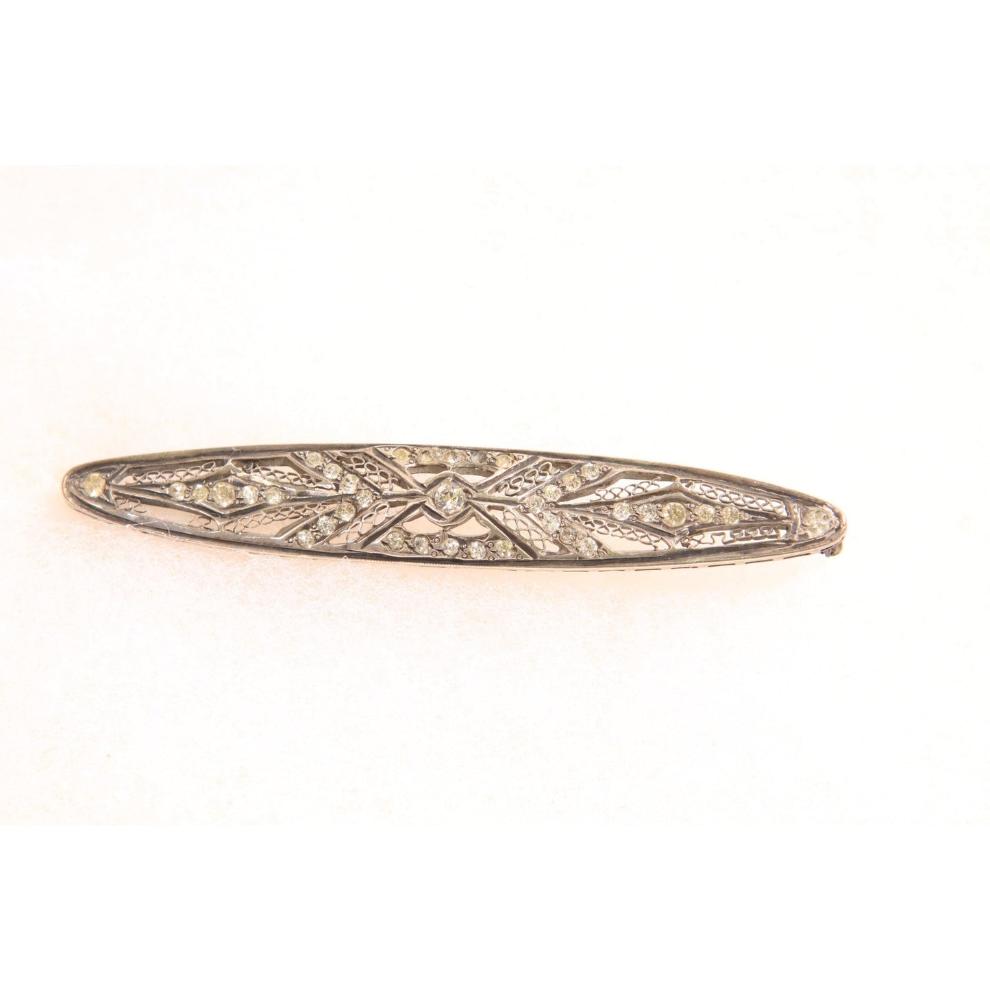 Antique 1920s Silver Tone Metal Marcasite Oval Bar Brooch