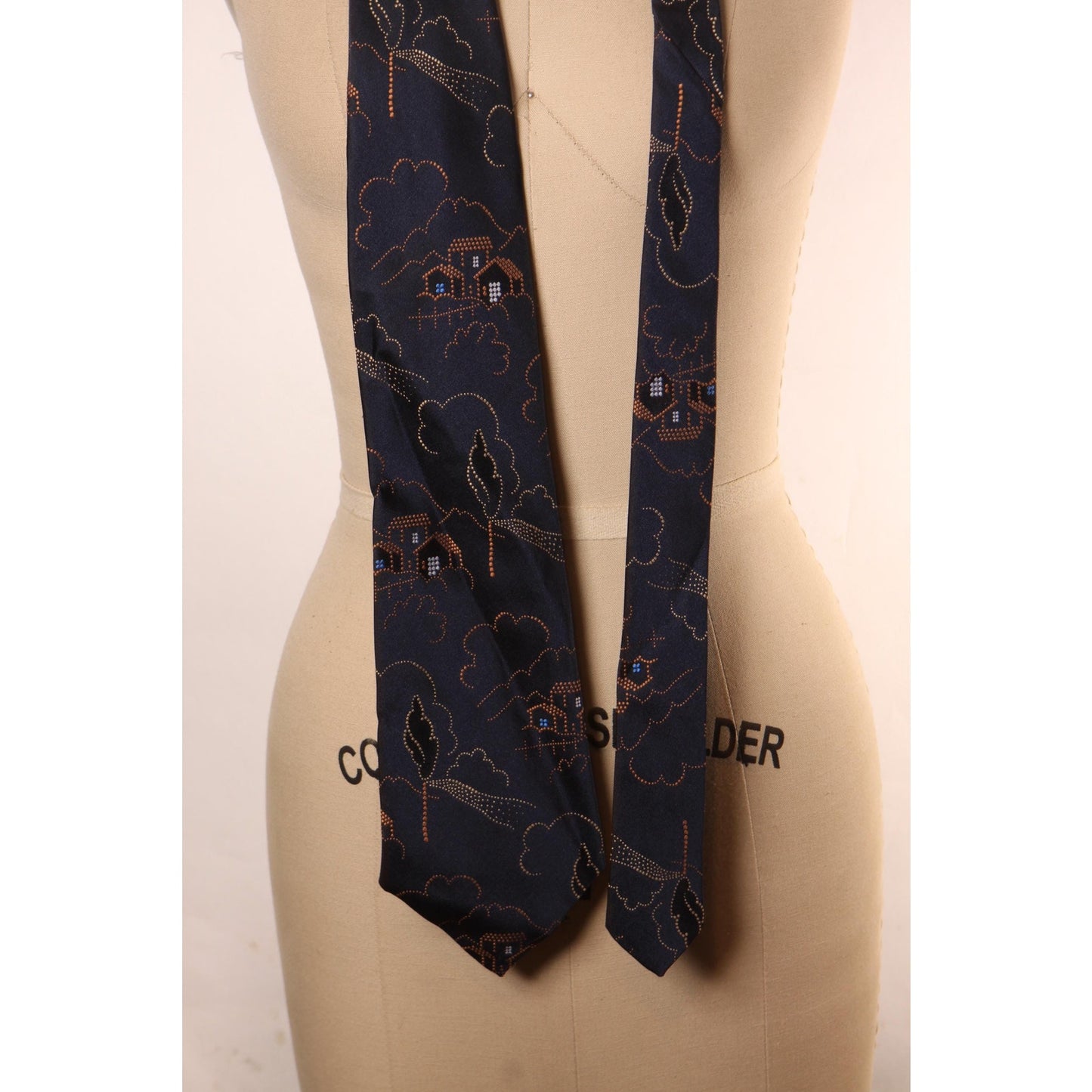1970s Navy Blue, Brown and White Novelty House Print Polyester Necktie Tie by Carriage Cravats