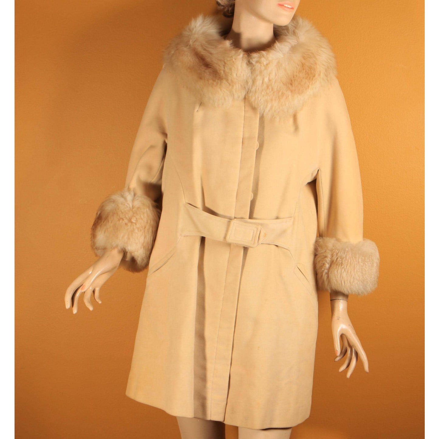 1960s Cream Tan Velvet Bracelet Sleeve Shearling Cuff and Collar Belted Coat by Country Pacer -M-L