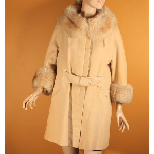 1960s Cream Tan Velvet Bracelet Sleeve Shearling Cuff and Collar Belted Coat by Country Pacer -M-L