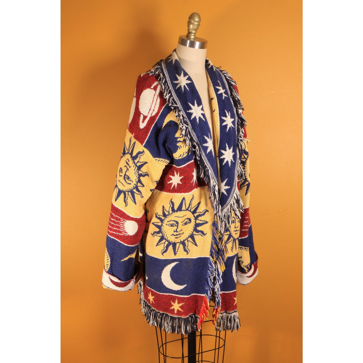 1990s Navy Blue, Yellow, Red and White Novelty Celestial Sun, Moon and Stars Fringe Tapestry Quilt Blanket Jacket Coat -M-XL