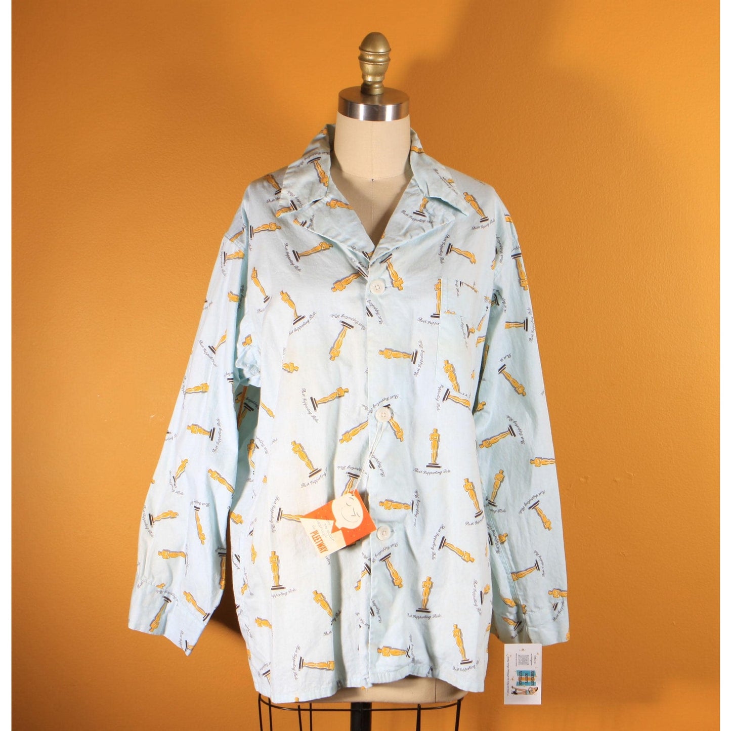 Deadstock 1950s Novelty Blue, Gold and Black Best Supporting Role Oscar Mens Pajama Top by Pleetway -XL
