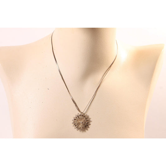 1950s Silver Tone Metal Filigree Floral Flower Brooch Pendant Necklace