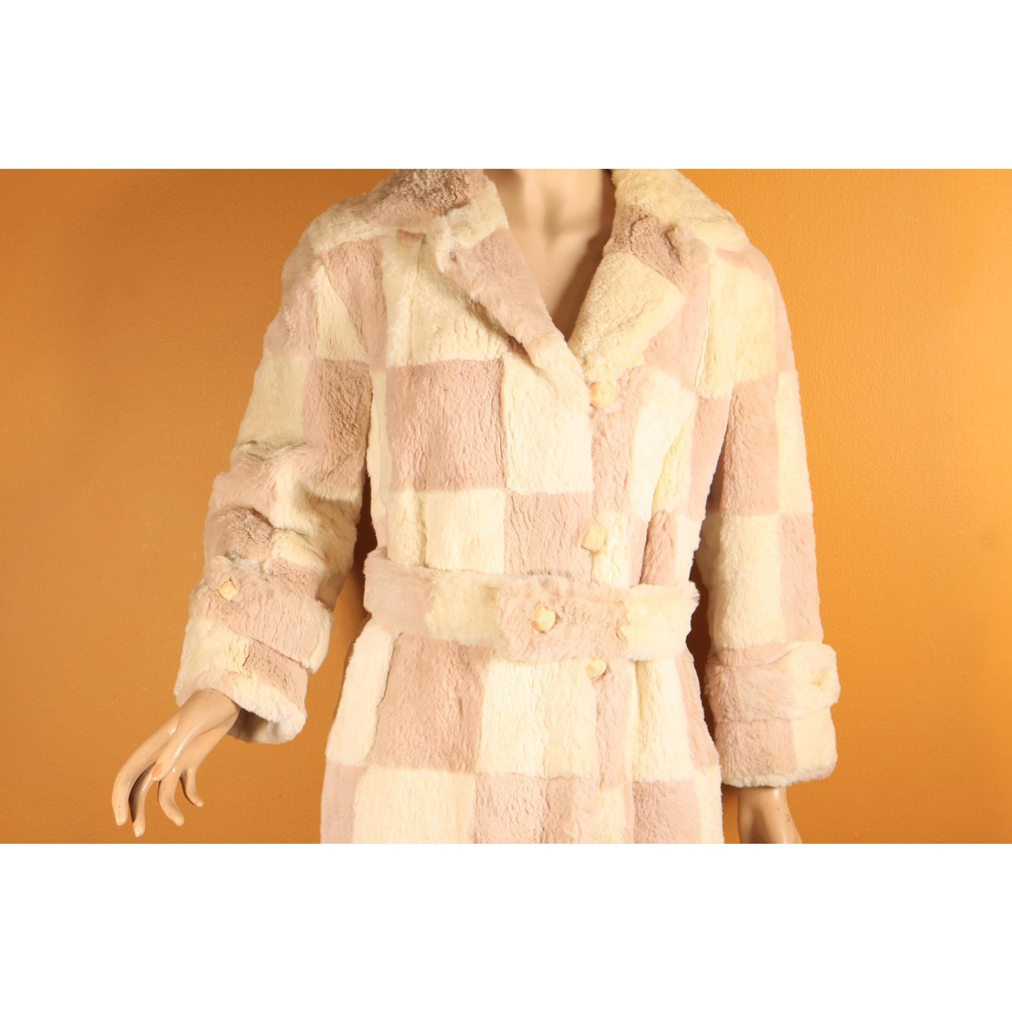 1960s Light Pink and White Sheared Dyed Chinchilla Fur Checkerboard Mod Belted Coat by Famous Barr -M-L