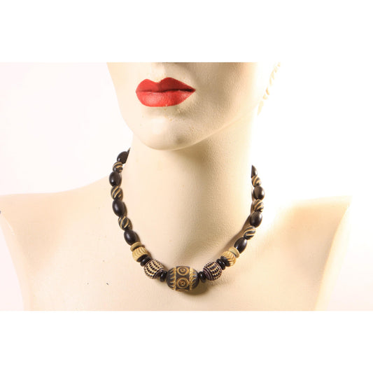 1920s 1930s Black and Cream Carved French Galalith Beaded Art Deco Necklace