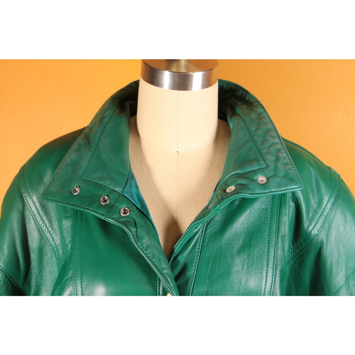 1980s Green Leather Metal Snap 3/4 Length Sleeve Jacket Coat