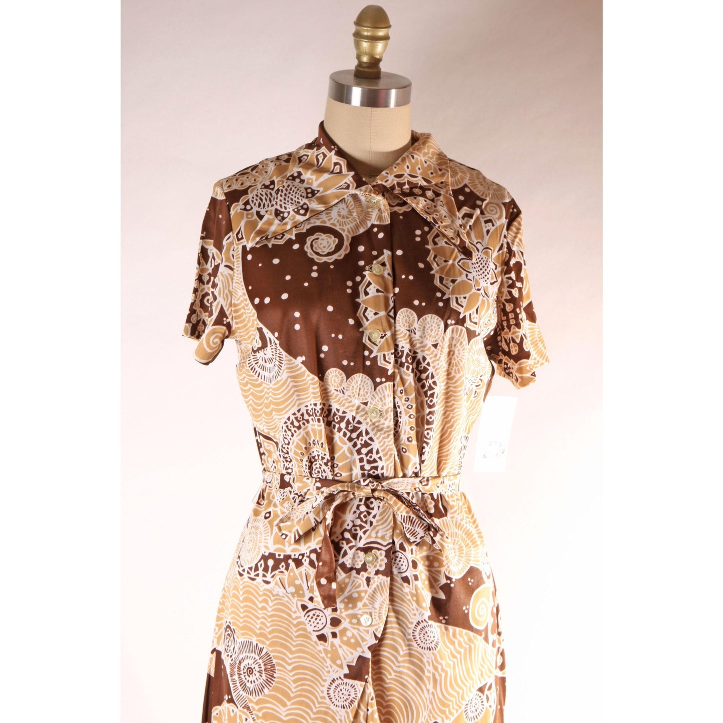 1960s Brown and Tan Psychedelic Abstract Swirl Short Sleeve Belted Dress -XL