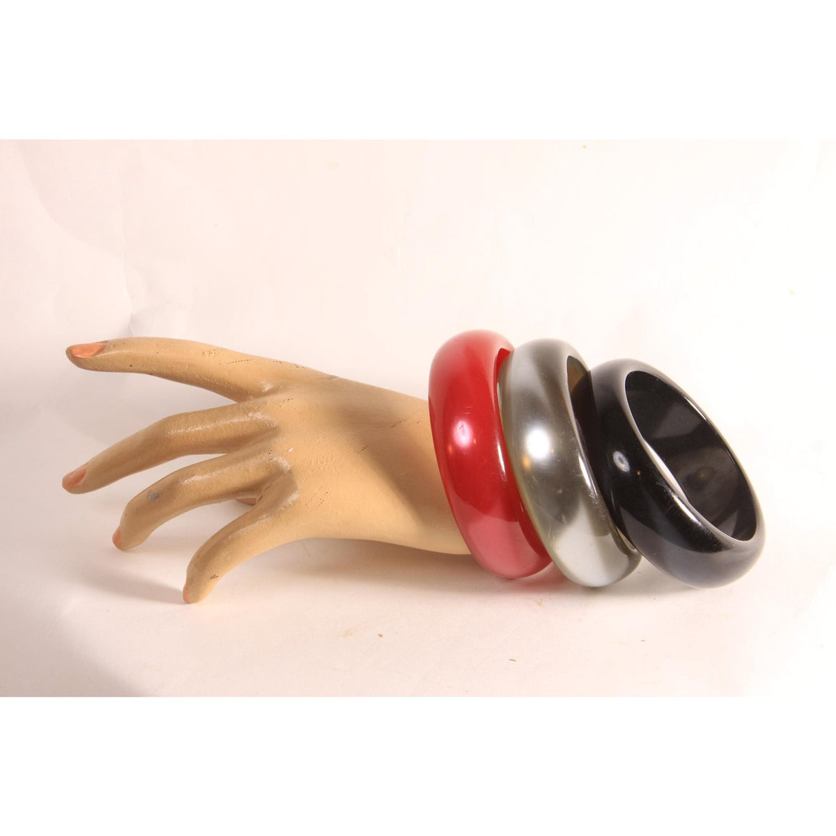 1970s 1980s Dark Red, Black and Gray Pearlescent Thick Plastic Stack of Bangle Bracelets