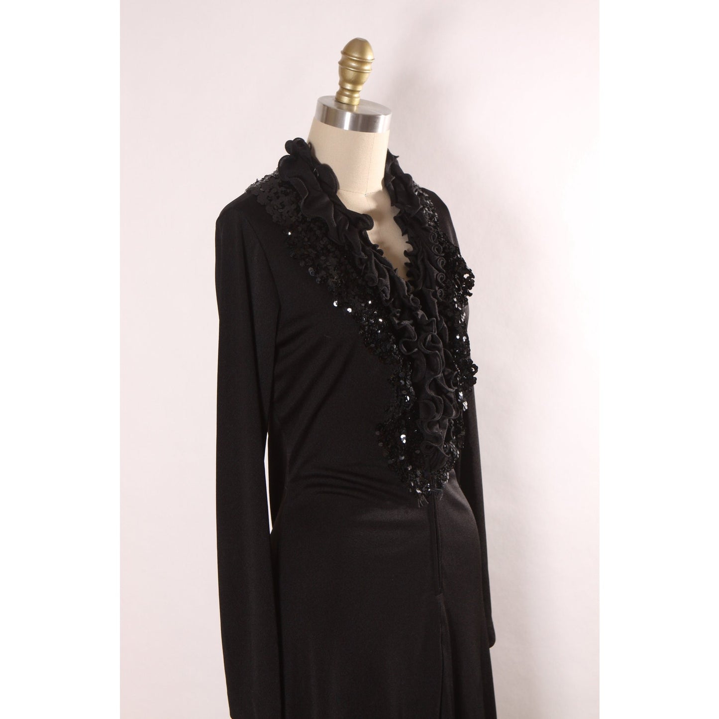 1970s Black Long Sleeve Ruffle Collar Sequin Detail Full Length Middle Slit Dress by Lynn Stevens -L