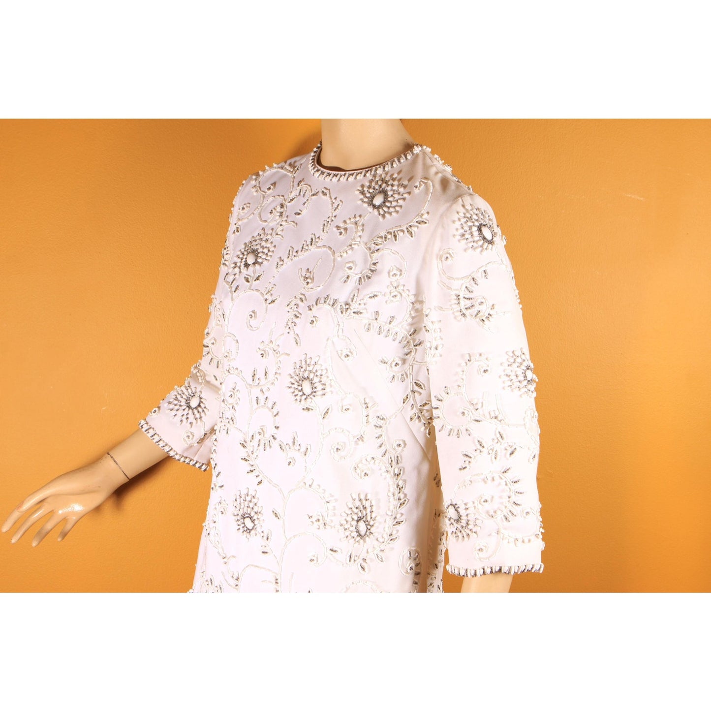 1960s White Heavily Beaded Floral Swirl 3/4 Length Sleeve Tunic Mini Dress by Cavanagh's Virgin Islands