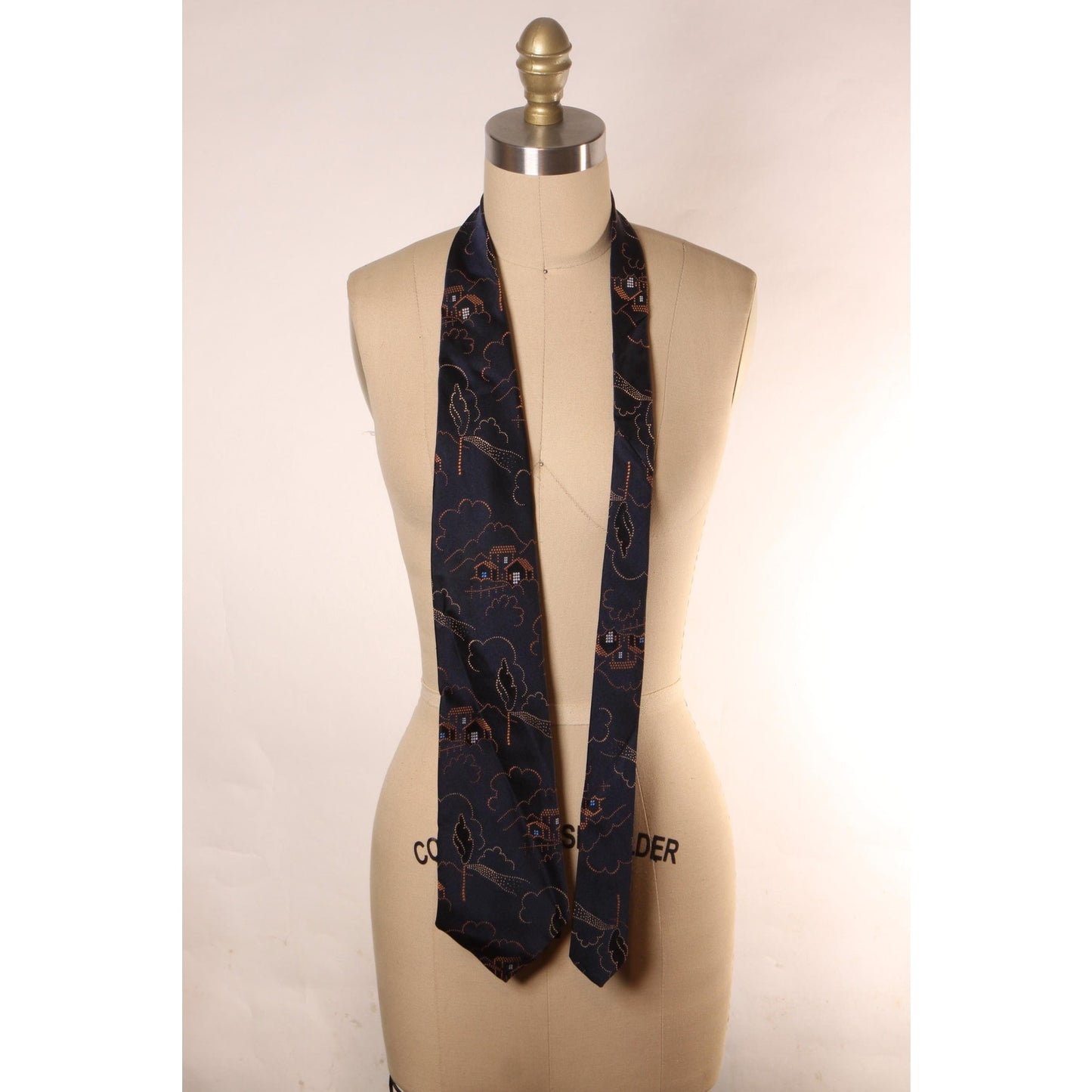 1970s Navy Blue, Brown and White Novelty House Print Polyester Necktie Tie by Carriage Cravats