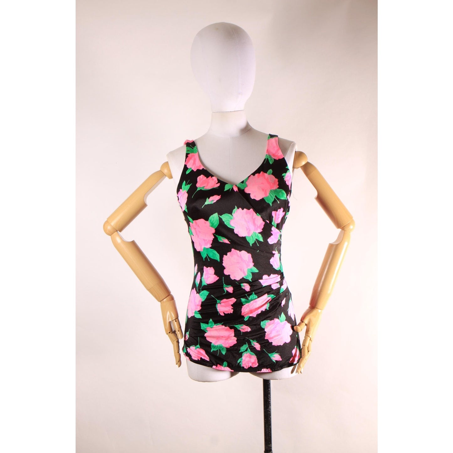 1970s 1980s Black, Pink and Green Floral One Piece Swimsuit by Maxine of Hollywood -M-L