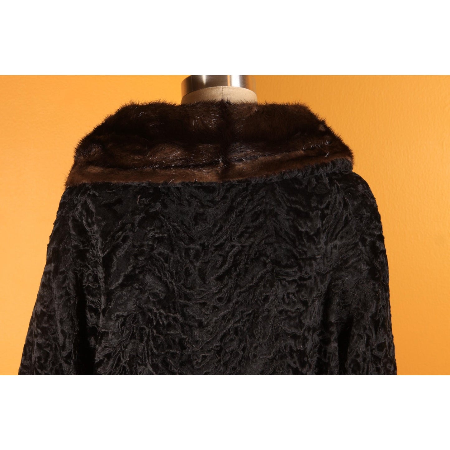1950s Black Persian Lamb and Brown Mink Fur Trim Coat by Parker -M-L