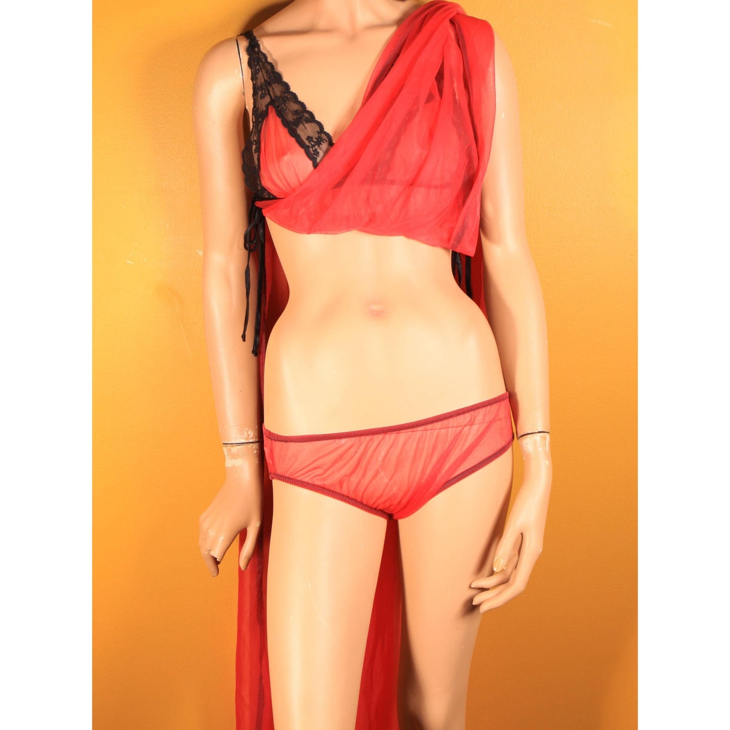 1960s Red and Black Open Side Night Gown with Matching Panties and Open Sleeve Robe Three Piece Lingerie Set
