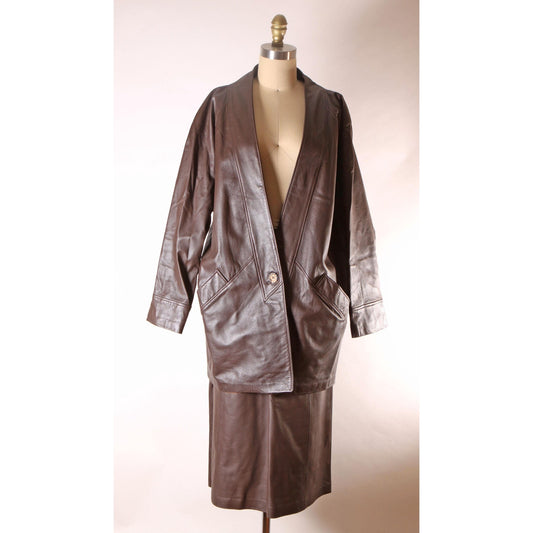 Deadstock Late 1970s Early 1980s Brown Leather Jacket with Matching Skirt Two Piece Skirt Suit by New England Sportswear -M-L