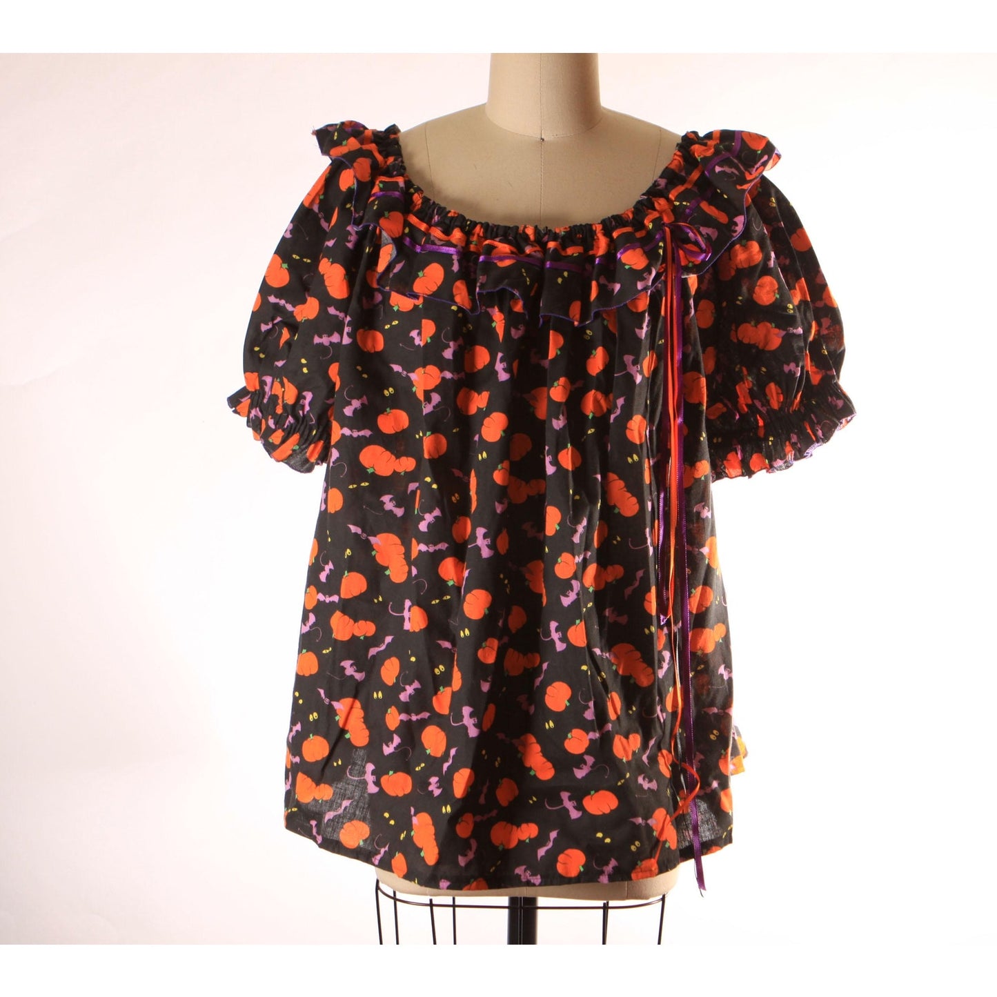 1980s Novelty Halloween Pumpkins and Bats Black, Orange and Purple Short Sleeve Square Dance Blouse