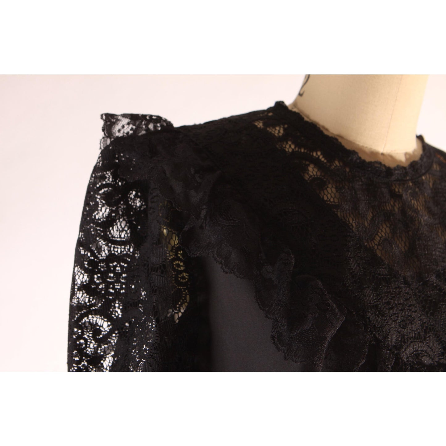 1970s Early 1980s Black Sheer Lace Puffy Sleeve Square Dance Gothic Blouse by Square Up -S