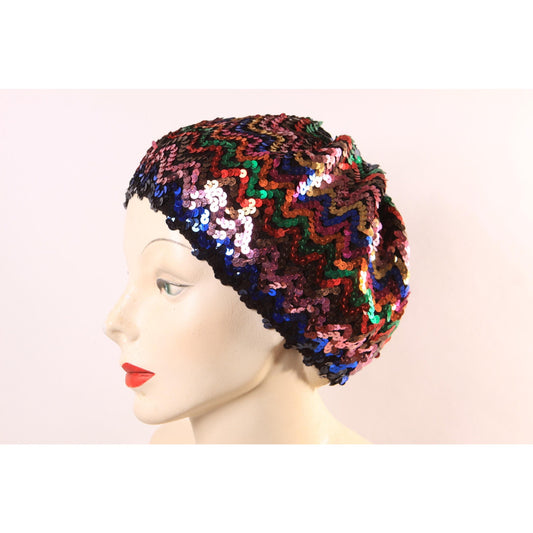 1970s 1980s Black and Multi-Colored Rainbow Sequin Slouchy Hat