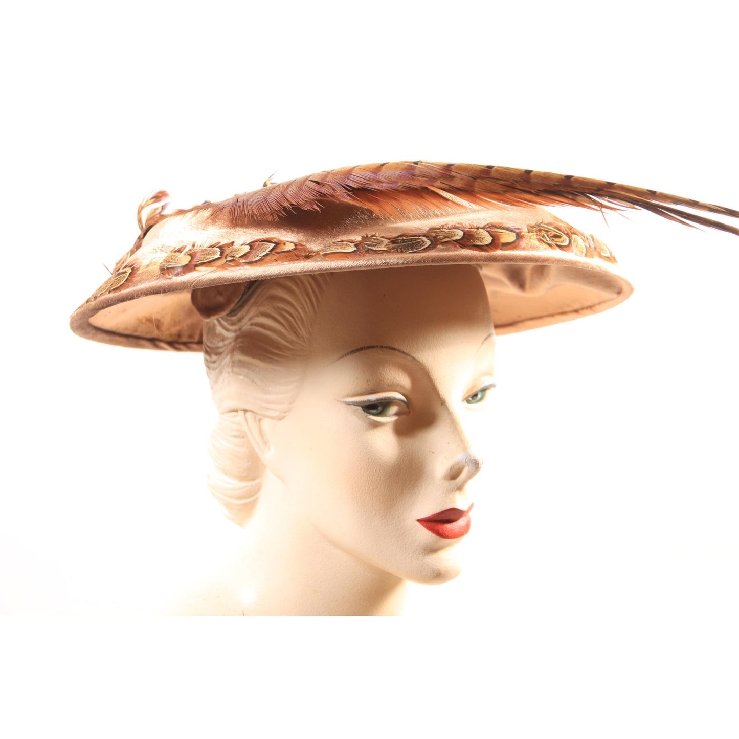 1940s Brown Velvet Pheasant Feather Wide Brim Hat by Win Wagoner