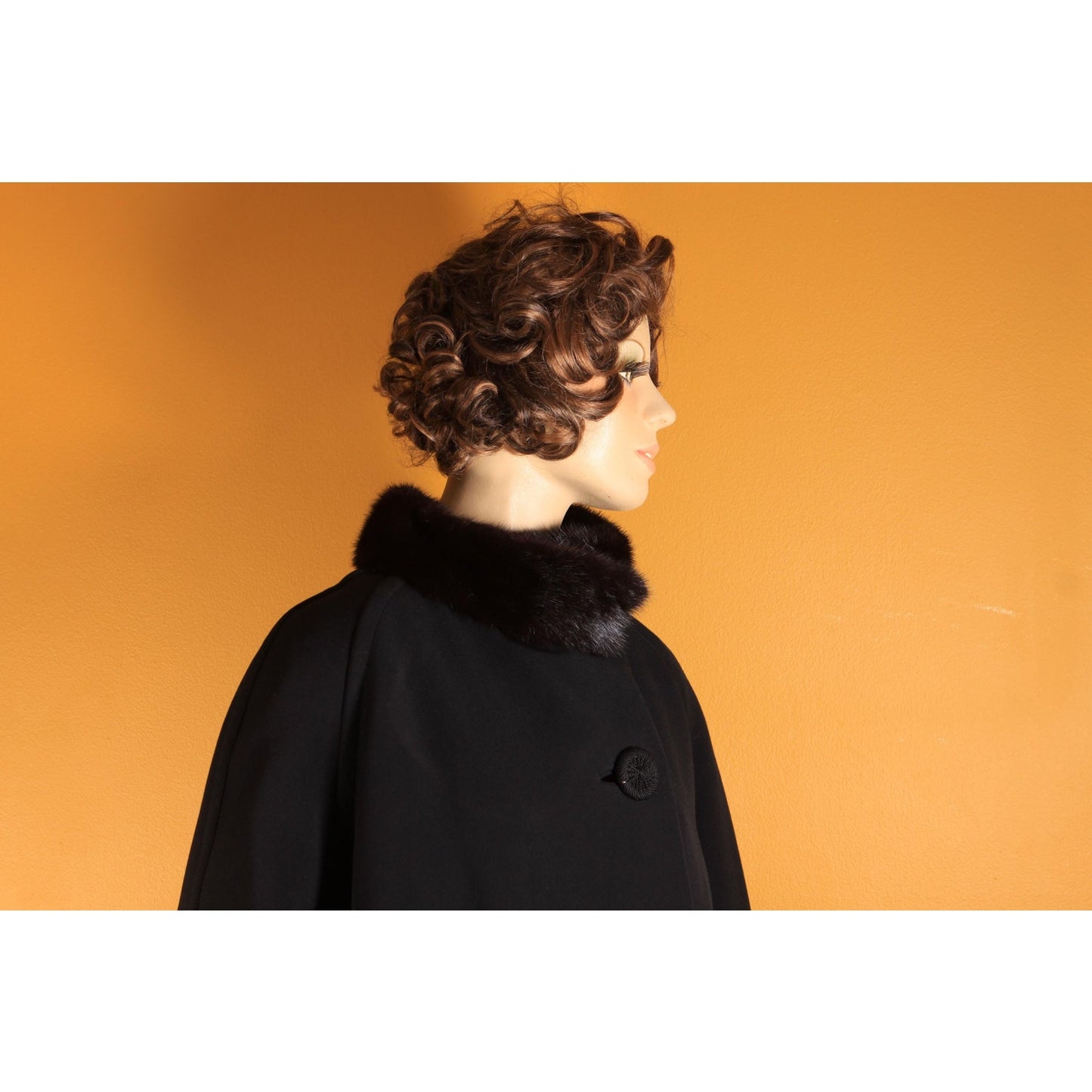 1950s Black Bracelet Sleeve Mink Fur Collar Swing Coat by Netter's -XL