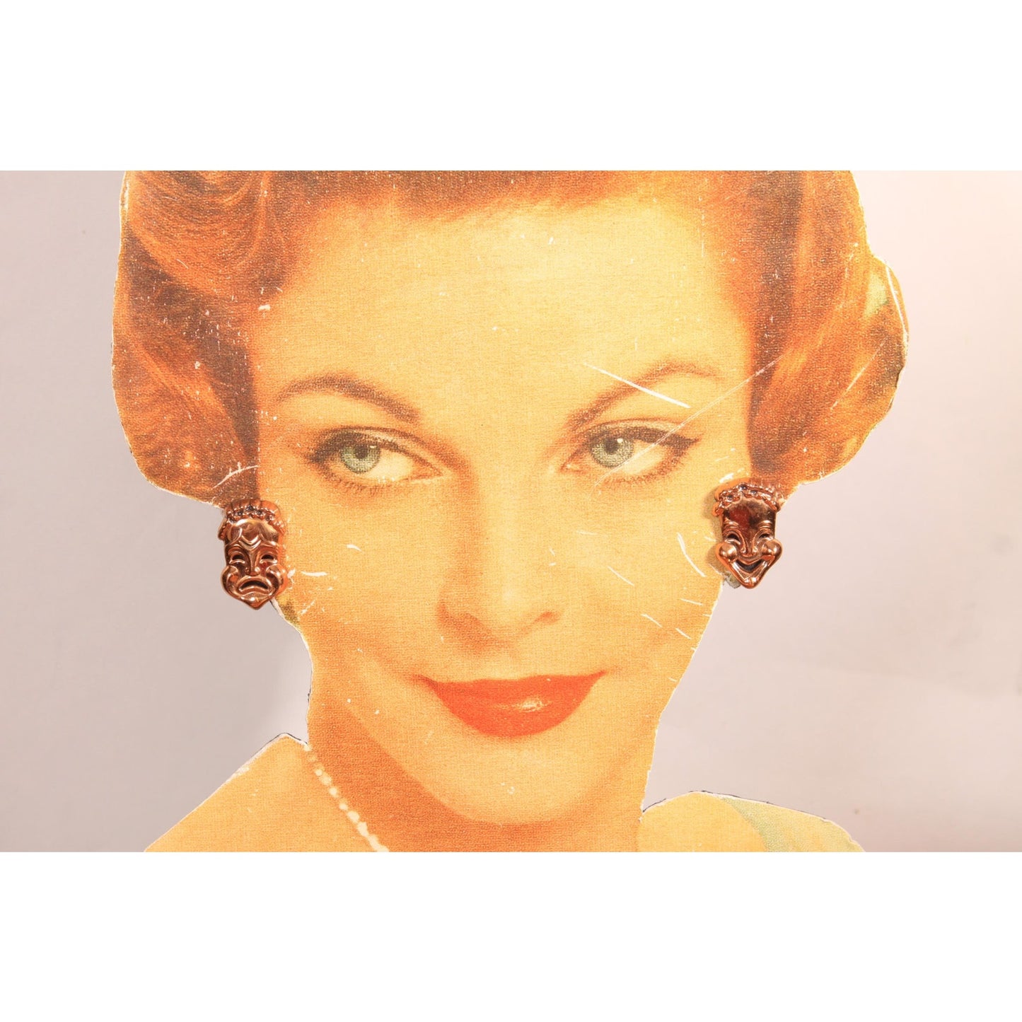 1950s Copper Comedy and Tragedy Mask Bracelet with Matching Earrings Jewelry Set by Renoir